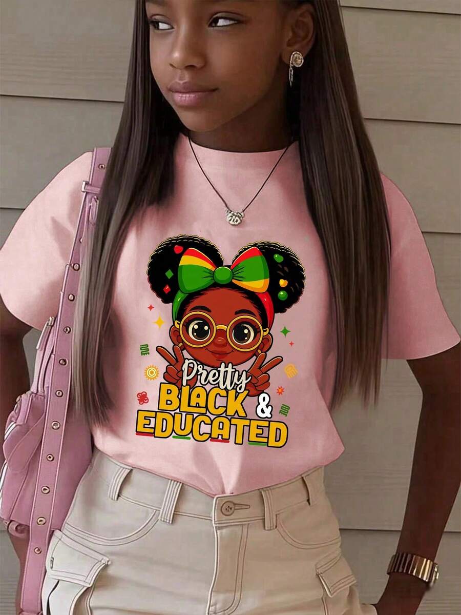 Camiseta de manga corta con cuello redondo, estampada en negro, informal, para niñas y adolescentes estudiantes, verano - Rosa - Ver 1