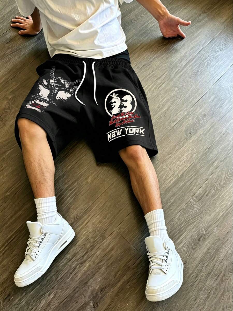 Men's Street Style INS High Street Creative Numeric & Letter Print Black Shorts - Black - View 1