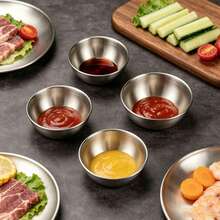 1/6/8pcs Stainless Steel Round Tray Condiment Dish Set, Rust-Resistant, Easy To Clean Exquisite Tableware. 304 Stainless Steel Material, Suitable For Family Gatherings, Hot Pot Dipping Sauces Or Afternoon Tea Snack Display. Stable Support Without Tipping (Deep Edge Design); An Excellent Practical Gift For Friends Who Pursue A Sense Of Ritual In Life. - Silver - View 1