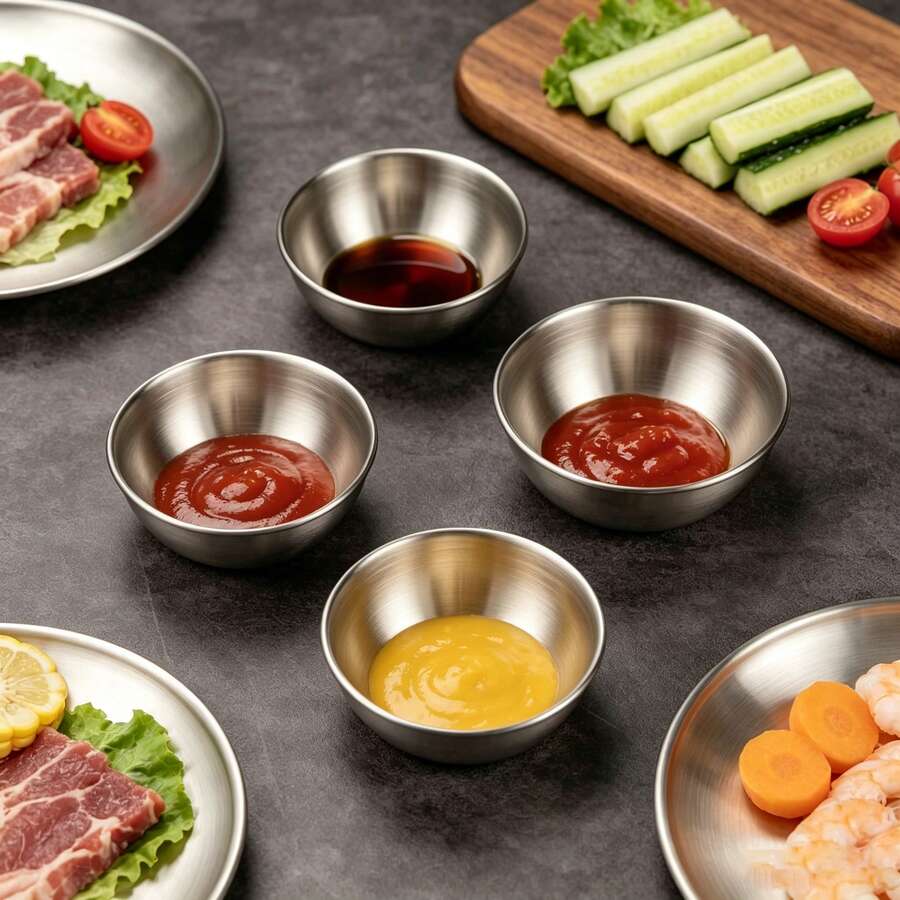 1/6/8pcs Stainless Steel Round Tray Condiment Dish Set, Rust-Resistant, Easy To Clean Exquisite Tableware. 304 Stainless Steel Material, Suitable For Family Gatherings, Hot Pot Dipping Sauces Or Afternoon Tea Snack Display. Stable Support Without Tipping (Deep Edge Design); An Excellent Practical Gift For Friends Who Pursue A Sense Of Ritual In Life. - Silver - View 1