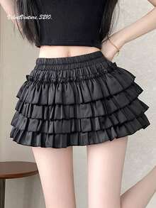 Women's Mini Skirt, Spring/Summer, Fleece-Lined Skirt, Cake Skirt, Half-Length Skirt, High Waist, Girly, Cute, Fresh, Sweet, Polyester, Stretchy, Lightweight, Flared, Mini Length, Clean, Feminine, Sweet, French Style, School, Day - Black - View 8