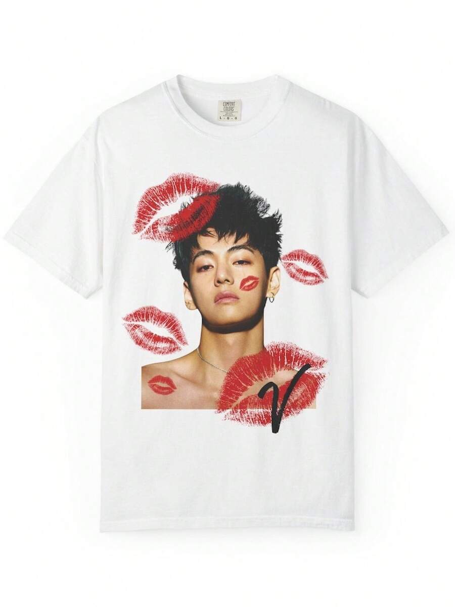 V Taehyung B.T.S Kisses Grafik-T-Shirt, -Fan-Shirt - Weiss - Übersicht 1