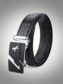 1pc New Horse Line Automatic Buckle, Simple Business Style PU Men's Belt, Length Optional 110-130, Available In Two Colors - Multicolor - View 5