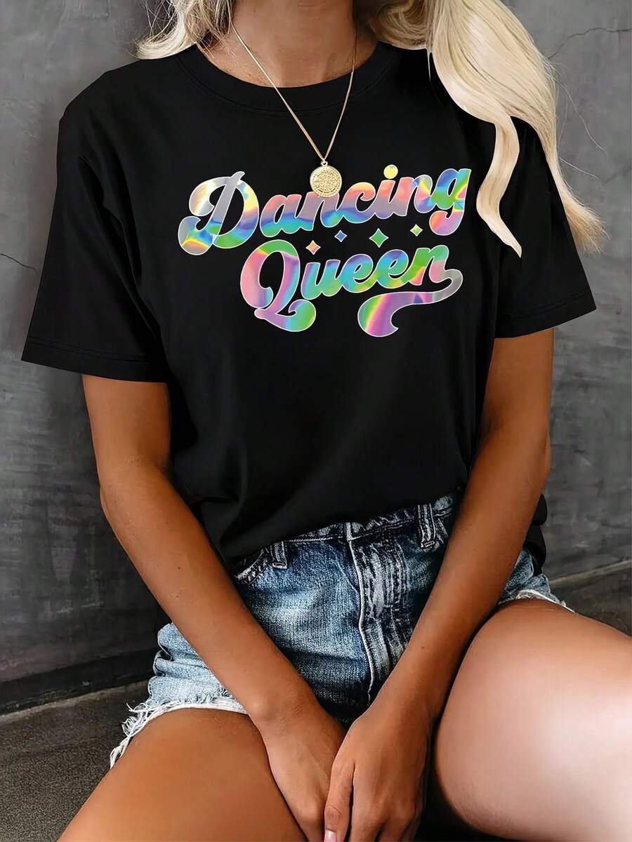 Camiseta de manga corta para mujer% algodón, estilo retro Y2K, color holográfico, estampado Dancing Queens, transpirable y cómoda, preferida para festivales deúsica/reuniones con mej - Negro - Ver 1