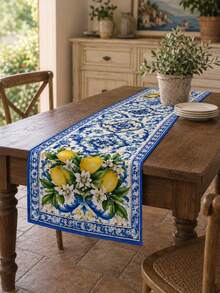 1 Piece Cobalt Blue Lemon Patterned Polyester Table Runner, Retro Ceramic Art Rectangular Table Runner, Outdoor Terrace Tabletop Decoration, Summer Mediterranean Vacation, Backyard Barbecue, Garden Party, Autumn And Winter Tabletop Decoration. - Multicolor - View 10