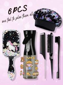 OBOVAY 1/6pcs Cartoon Cute Comb Set, Transparent Unicorn Shaped Air Cushion Hairbrush, Satin Sleep Cap (Unicorn Print Design), 200ml Hair Spray Bottle, Suitable For Daily Use And Sleep, Includes Fluffy Hairbrush, Tail Comb, Edge Comb, Suitable For Styling Bangs, Hairline, Sideburns, Eyebrows And Eyelashes, Perfect Gift For Girls - Multicolor - View 15