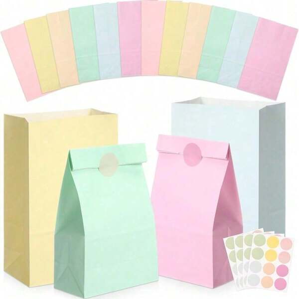 24pcs Macaron Color Paper Party Gift Bags With Stickers, Colorful Candy Snack Gift Bags, Birthday Baby Shower Wedding Holiday Party Bulk Favor Bags