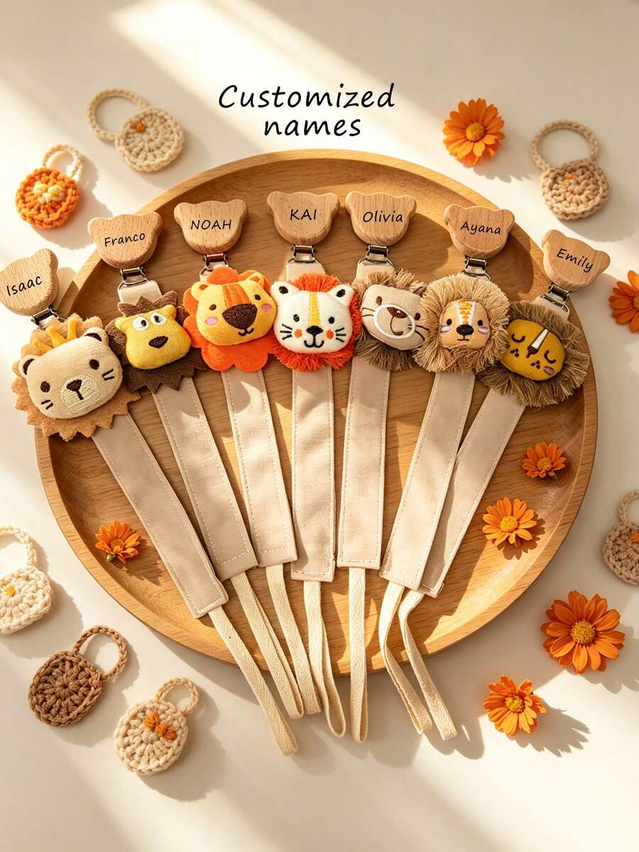 Cadena de chupete estilo león, clip de madera con cabeza de oso, nombre personalizado, regalo único para niños, accesorio decorativo para chupete - Multicolor - Ver 1
