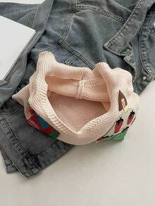 Fashionable Versatile Colorblock Shoulder Bag, Niche Design Cute Exquisite Hobo Bag, Suitable For Shopping, Commuting, Daily Outings, Kawaii - Beige - View 10