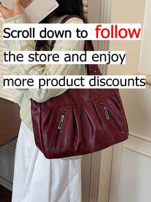 This Stylish Red Women's Handbag Features A Detachable Shoulder Strap, Pleated Design, Multiple Pockets And Large Capacity. Suitable For Office Workers, Teachers, Students And Young Women For Commuting, Shopping, Weekend Outings And Short Trips. - Red - View 2
