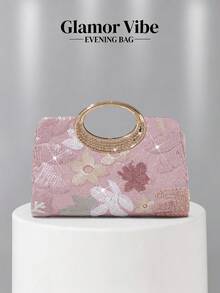 1個粉色亮片刺繡花卉晚宴包，金屬環手柄派對手拿包，亮片刺繡工藝，3D花卉（隨機圖案），婚禮必需品，情人節禮物，適用於婚禮、晚宴及其他正式場合 - 粉色 - 查看 10