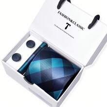 AlanKing 3-Piece Set: Blue Necktie, Pocket Square & Cufflinks, Romantic White Gift Box, Suitable For Formal Business, Wedding,Festival,Fathers Day Gift - Color Mixing - View 16