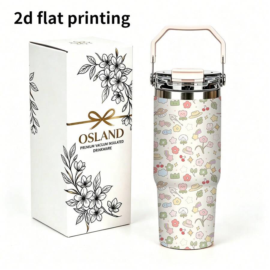 1/5 pezzi Boccale isolato in acciaio inossidabile da 30 oz con grande capacità, mini motivi colorati di frutta e fiori, manico pieghevole comodo, coperchio a ribaltamento a tenuta stagna, ritenzione prolungata di caldo e freddo, adatto per ufficio, picnic, sport e regalo di compleanno - Floreale - Visualizzare 1