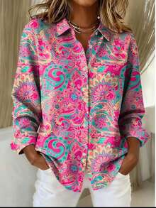 Camisa de Talla Grande Estilo Boho con Estampado Paisley, Cuello, Manga Larga, Blusa Holgada que Oculta el Vientre, Atuendo para Vacaciones, Festival, Playa, Desplazamiento y Cita Nocturna - Multicolor - Ver 1