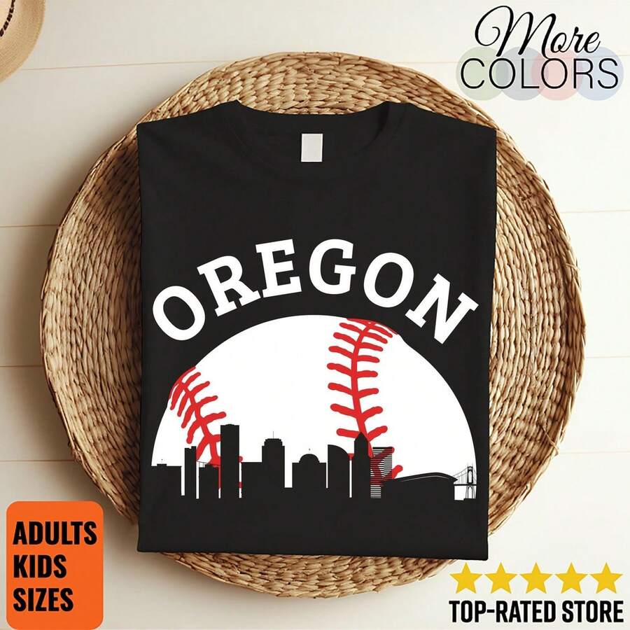 Camiseta de béisbol O1REGON con silueta de ciudad, regalo para aficionados al deporte, unisex, para adultos. - Negro - Ver 1