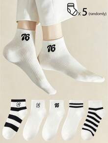 5雙女款棉質短襪，可愛襪子，秋冬春夏皆適用，透氣細節，吸濕排汗，柔軟光滑，適合各種節日、運動、休閒、商務及其他日常穿著，四季可穿，隨機配色組合 - 彩色 - 查看 3