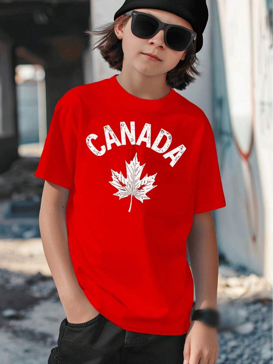Boys' T-Shirt With Canadian Maple Leaf Graphic, Casual Urban Style, Children's Clothing For Ages 5-13, Summer Casual Wear In Color - 灰色 - 查看 1