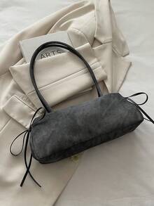 New Vintage Fashion Square Bag, Zipper Closure, Leather Strap Bow Decor, Lightweight Minimalist, Solid Color Dual Handle Shoulder Bag, Suitable For Women's Daily Life, Casual, Commute, Work, Vacation And Student Use - Black - View 5