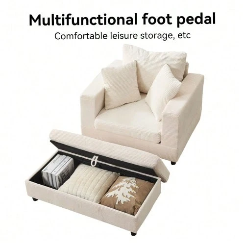 Chaise Longue With Footrest And Storage Space, Lounge Sofa With 3 Cushions For Living Room And Bedroom - 米色 - 查看 1