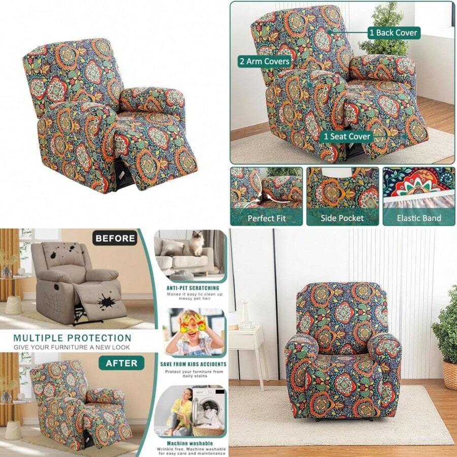 NILUOH Fundas para sillón reclinable 4 piezas fundas elásticas para sillón reclinable Lazy Boy que se mantienen en su lugar fundas para silla reclinable eléctrica de elevación de potencia protector - 09 - Ver 1