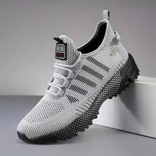 Men's Striped Print Running Sneakers, Lightweight Breathable Knit Upper, Non-Slip Sports Shoes, Suitable For All Seasons - Y588 Gray - View 2