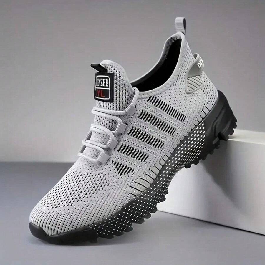 Men's Striped Print Running Sneakers, Lightweight Breathable Knit Upper, Non-Slip Sports Shoes, Suitable For All Seasons
