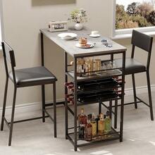 Space-Saving 3 Piece Dining Table Set – 2 Faux Leather Upholstered Chairs, Wine Rack & Cup Holder, Compact Rectangle Dinner Table With 4-Tier Shelves For Kitchen/Breakfast Nook/Studio Apartments - 灰色 - View 2