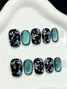 10PCS Extra Short Coffin Handmade Press On Nails For Party And Daily Wear,Blue Nails,Blue Base Floral Glitter Accent Edgy Style Press On Nails,Shiny And Dazzling, Easy To Wear,Suitable For Girls And Women Festivals Parties And Daily Wear - Teal Blue - View 11
