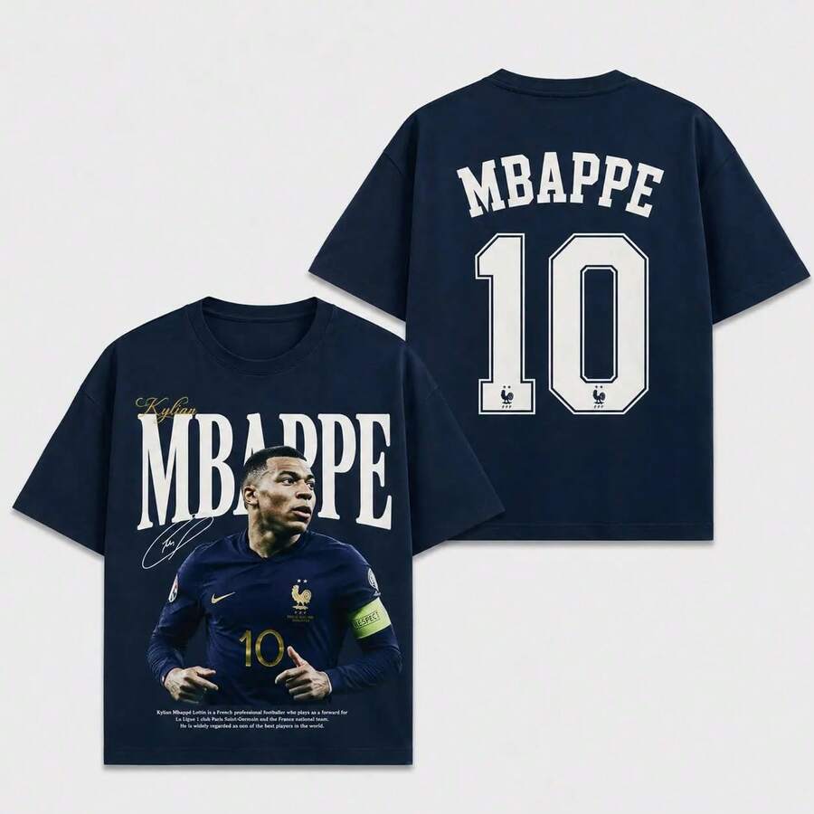 FIFA Kylian Mbappé France # 10 Premium Cotton Graphic Tee Vintage Soccer Shirt Navy Unisex Heavyweight T-Shirt France National Team Football Fan Streetwear - 海軍 - 查看 1