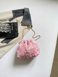 Pink All-Over Sequin Drawstring Mini Bucket Bag, Exquisite Metal Chain Shoulder Bag, Niche Party Evening Clutch - Pink - View 9