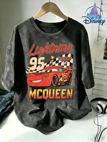 Disney Cars Lightning McQueen Vintage Distressed Print Washed Tee, Retro Racing Casual Top, Daily Essential & Suitable For Gifting - Black - View 1
