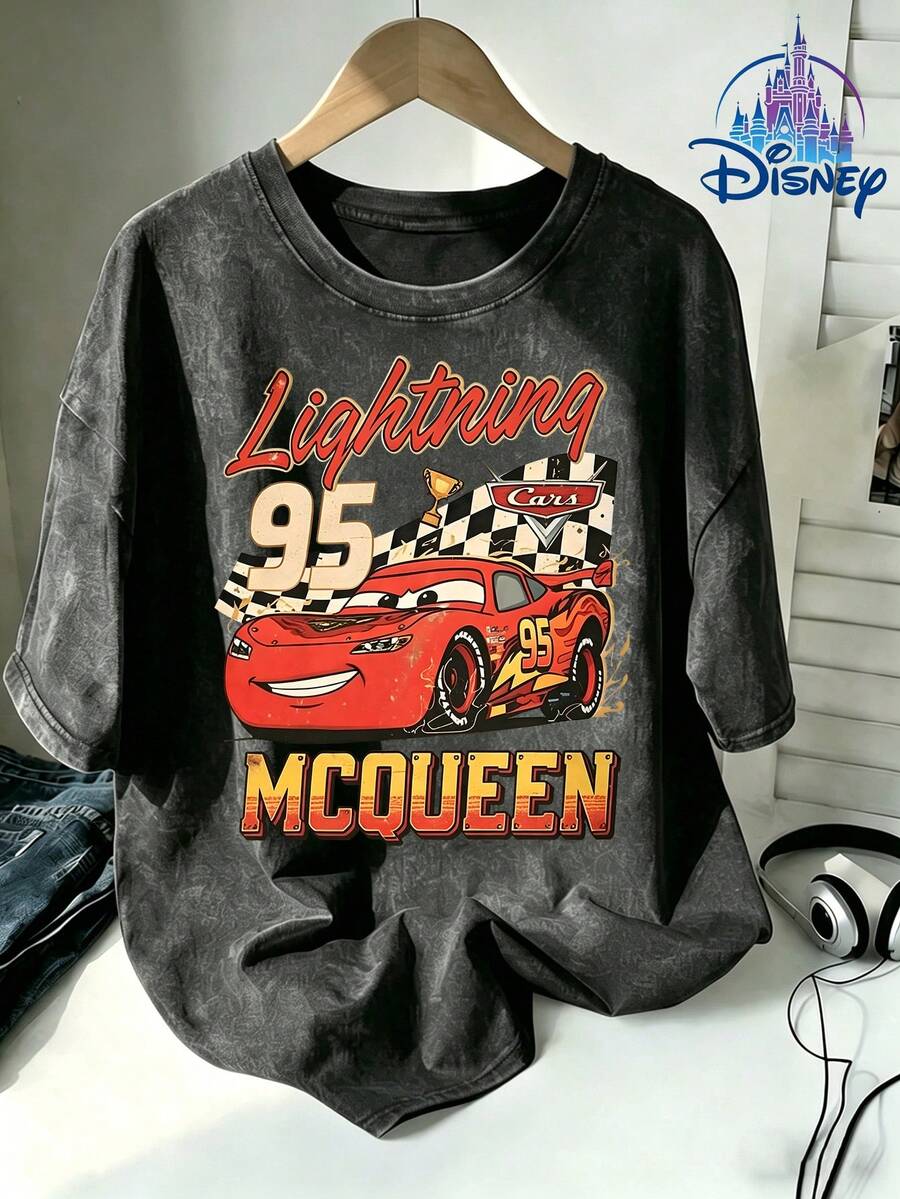 Disney Cars Lightning McQueen Vintage Distressed Print Washed Tee, Retro Racing Casual Top, Daily Essential & Suitable For Gifting - Black - View 1