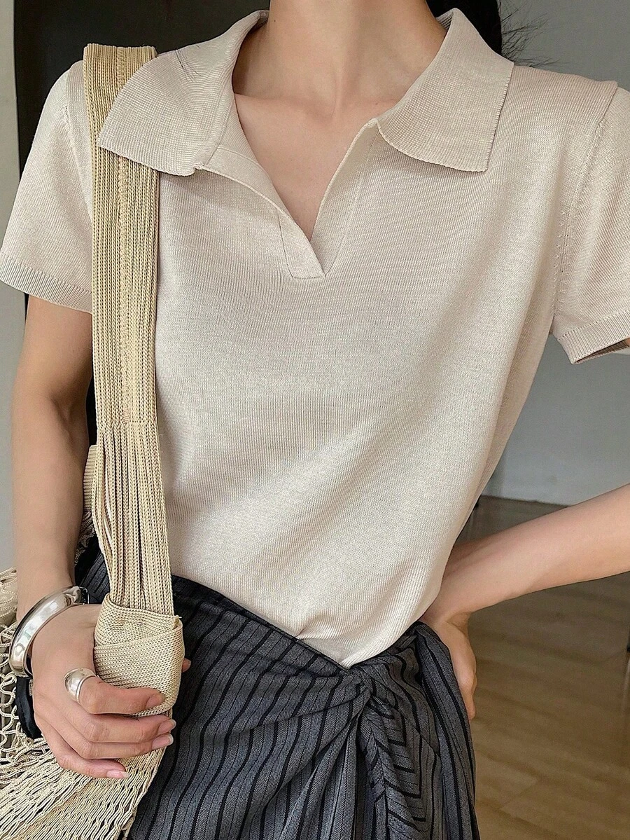 Suéter de mujer con cuello y mangas cortas a rayas para otoño - Albaricoque 2 - Ver 1