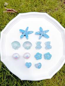 12pcs Blue (Starfish, Shell, Heart, Bear, Water Ripple Flower) Clog Shoe Charms DIY Creative Beach Casual Accessories - Fun, Versatile Personalized Footwear Style Perfect Gift For Holiday Parties And Special Occasions - Blue - View 5