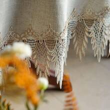 1pc Elegant Lace Linen Solid Color Round Tablecloth, Home Table Cover, Dressing Table Scarf, Suitable For Home Kitchen Decor - Beige - View 3