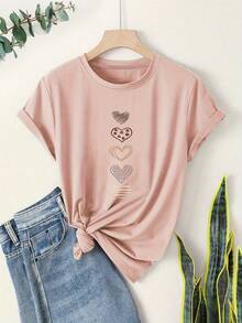 Women's Vintage-Style Short-Sleeved T-Shirt With Round Neck, Black Heart Print, 2026 Fashion, Casual And Sporty Summer Style. - 粉色 - 查看 1