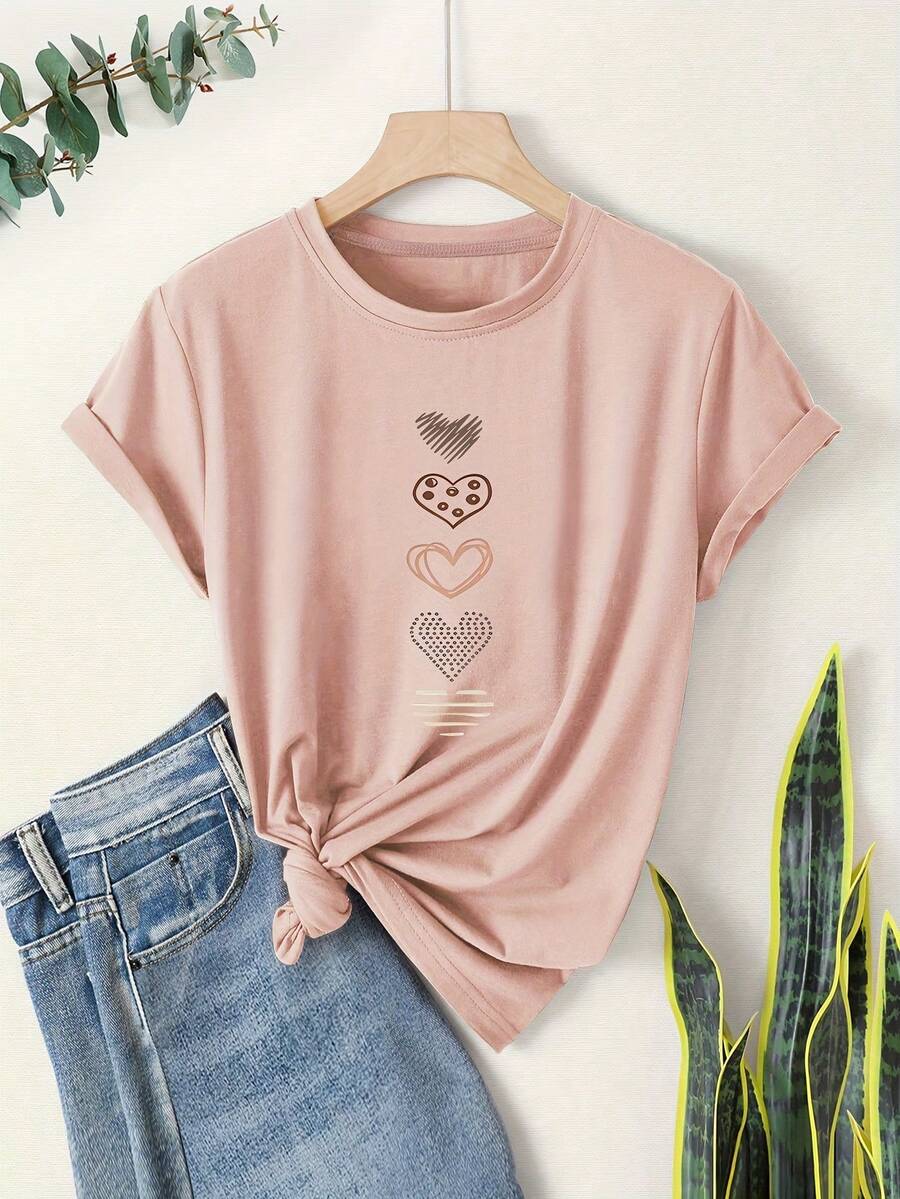 Women's Vintage-Style Short-Sleeved T-Shirt With Round Neck, Black Heart Print, 2026 Fashion, Casual And Sporty Summer Style. - 粉色 - 查看 1