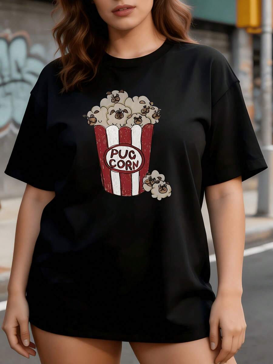 ropa de mujer, camiseta de alta calidad y suave de 180g con divertido estampado "Pug Corn" | Ideal para festivales de música de verano, reuniones familiares y actividades de team building - Negro - Ver 1