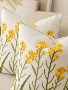 1pc Modern Pastoral Country Style Yellow Ditsy Floral Fresh Embroidered Flower Soft Washable Machine Washable Removable Sofa Bedroom Living Room Home Versatile Decorative Pillow Cover - Yellow - View 3