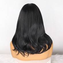 Medium Length Straight Wavy Wig With Bangs, Bio Organic, Identical To Human Hair, Premium RONISE +WIGCAP 1B/ Black - 1B - 查看 4