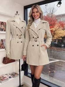 Women's Fashion Beige Double-Breasted Long Sleeve Trench Coat With Belt, Suitable For Autumn And Preppy Style - Apricot - View 1