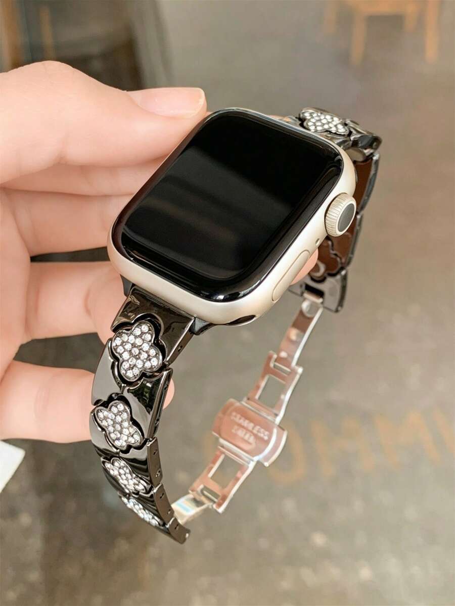 Light Luxury Four-Leaf Clover Full Rhinestone Band | Fashion Metal Chain Strap For Women - Black - View 1