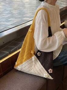 Dedoo Bolso de hombro bohemio de moda multicolor, diseño de ganchillo con patrón de tortuga marina, bolso de gran capacidad con apertura superior, material de poliéster beige con sensación - Amarillo - Ver 5