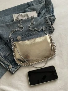 Women's Patchwork Beaded Chain Crossbody Bag, Vintage Colorful Laser Faux Metal Party Envelope Bag - Gold - View 7