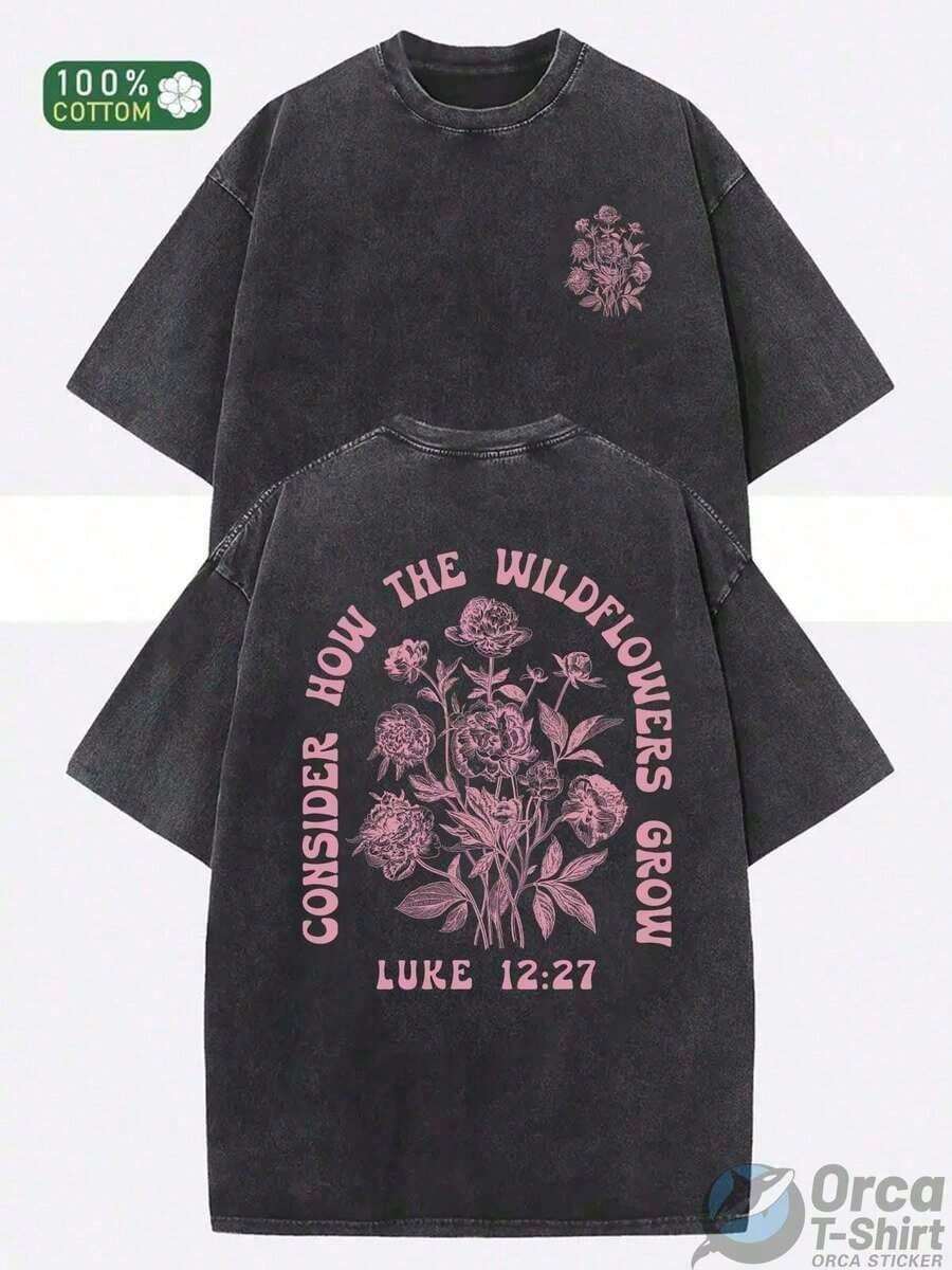 Men's Clothing; 230g Heavyweight Summer T-Shirt With Wax Print For Men And Women - Loose Fit, Crew Neck, Short Sleeves, With A Wildflower Print And - 黑色 - 查看 1
