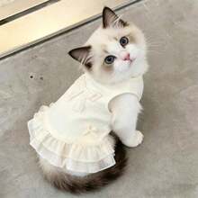 Vestido sin mangas con volantes de encaje para mascotas con decoración de lazo lindo, vestido de tirantes tejido para perro & gato, atuendo transpirable y elástico para cachorro & gatito, ropa casual de verano, adecuado para razas de perros & gatos pequeños & medianos (incluyendo Bichón, Labrador, etc.) - Beis - Ver 2