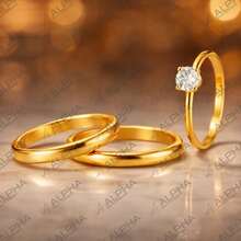 Pair Of 3mm Wedding Bands And 2mm Solitaire Ring With Gold Cubic Zirconia, For Wedding, Engagement, And Couples - Sophisticated - Gold - View 5