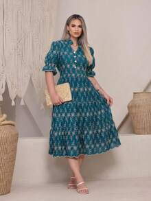 Women's Midi Dress With 3D Embroidery And Plain Design, Functional Button, Elasticated Back And Sleeves, 100% Cotton,  For Women. - 深綠色雙色 - 查看 1