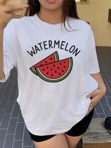 Camiseta con estampado de sandía, tema de verano, manga corta, cuello redondo, top casual para primavera y verano, ropa de mujer. Nuevas llegadas para el verano.summer - Blanco - Ver 1