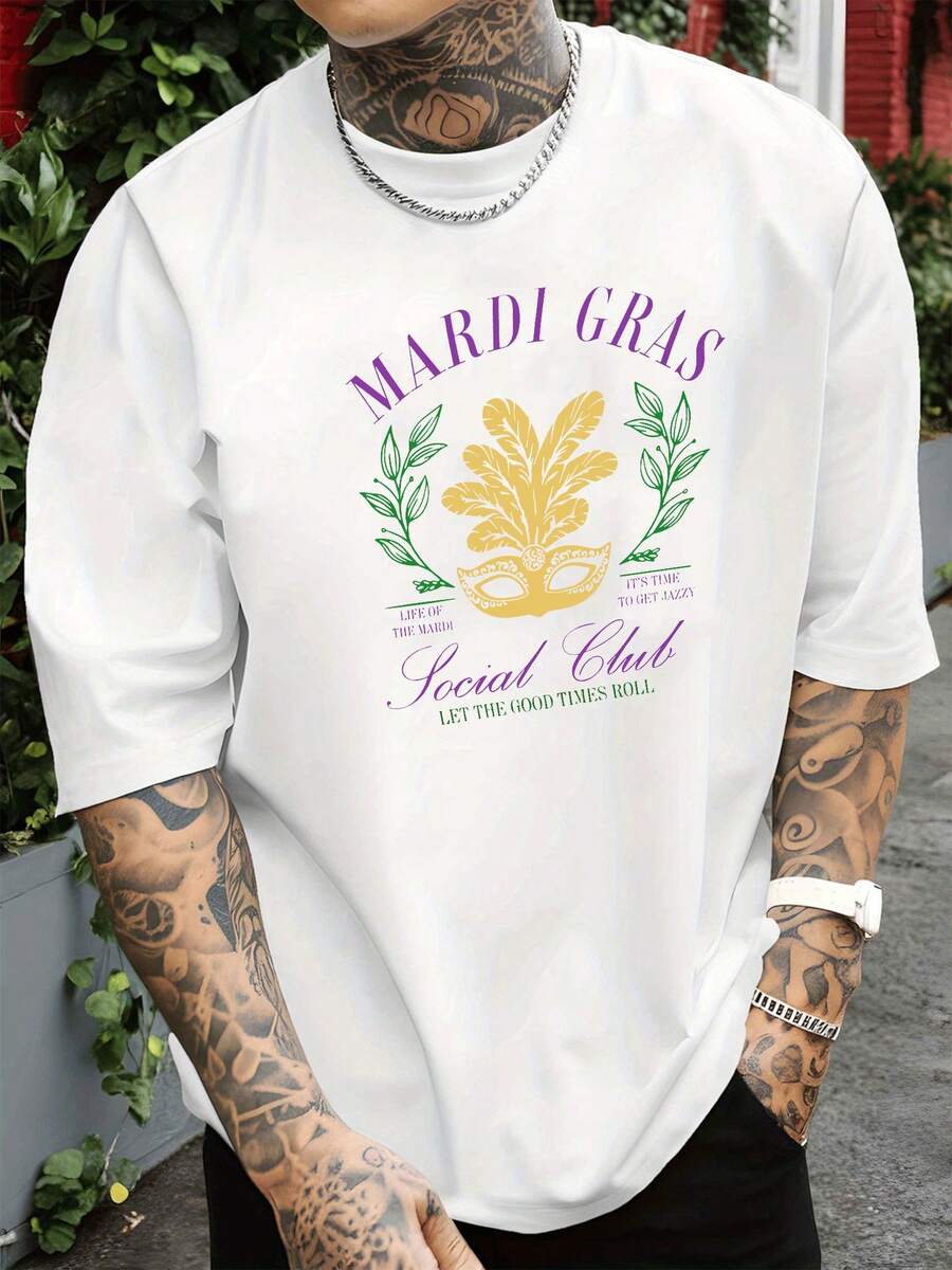1 Piece Of Men's T-Shirt With A Gold Carnival Mask Print With Green Leaves And The Phrase Mardi Gras, Celebrating Joy And Freedom In A Festive Spirit, 100% Cotton - 白色 - 查看 1